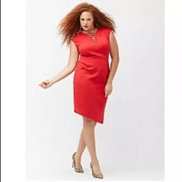 NWOT Plus Size Red V-neck Asymmetrical Midi Dress - Picture 4 of 6